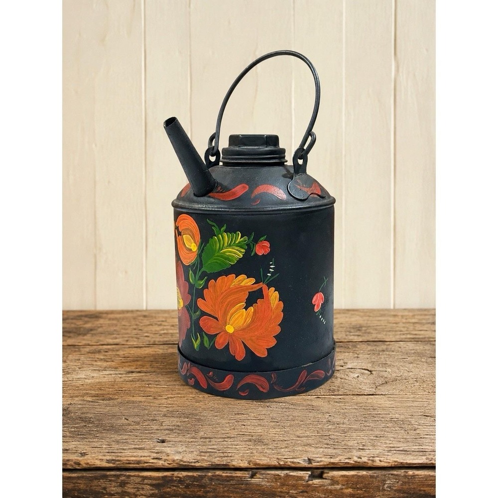Vintage Dutch Folk Art Hand Painted Metal Can Vibrant Floral Motif On Black